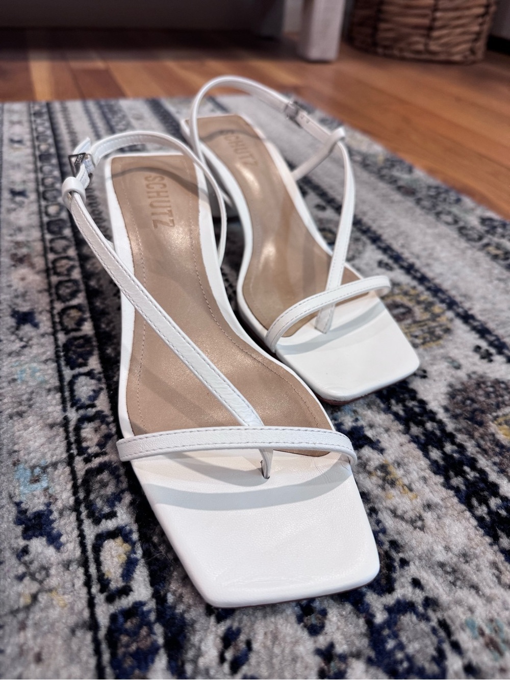 SCHUTZ White Minimal Strappy Square-Toe Slingbacks